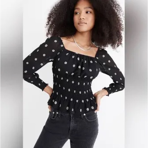 Madewell (Re)sourced Georgette Square-Neck Smock-Waist Top in Bloom Dot - Picture 2 of 12